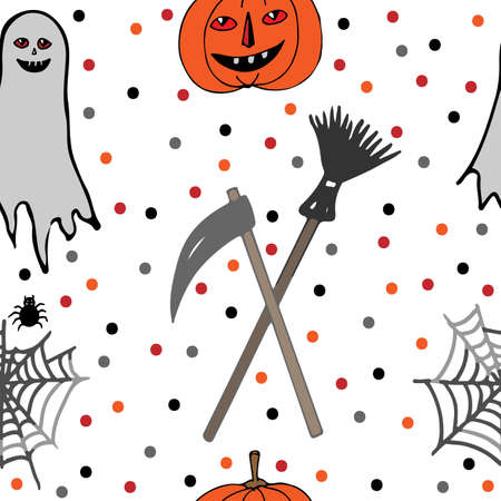 Halloween seamless with with pumpkin, ghost, spider web. Vector pattern for banner, card, invitation, textile, fabric, wrapping paper.のイラスト素材