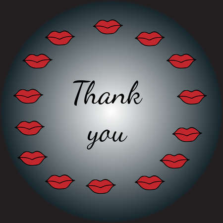 Round scope from red lips with a Thank you inscription.  Design element for greeting card, party, holidays, icon, logo, border, book or page design, child magazine, banner, template.のイラスト素材