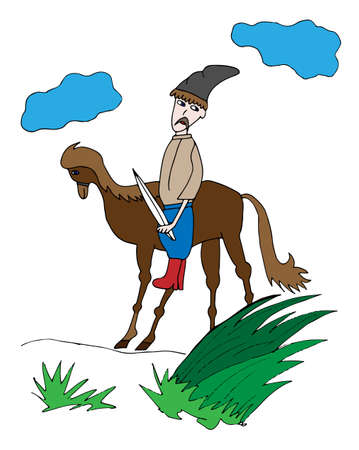 Colorful cossack on a horse silhouettes. Picture  for adult coloring book page design, child magazine, banner, template.のイラスト素材