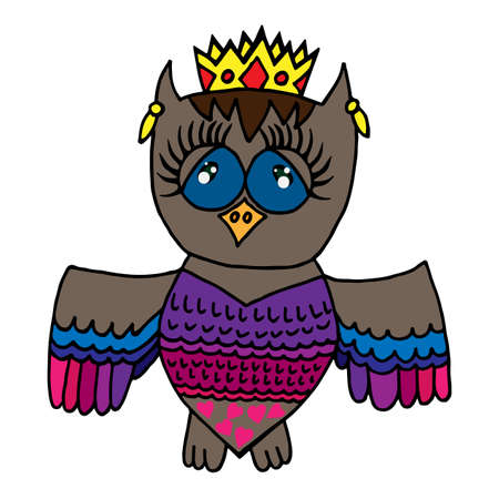 Colorful cute owl in crone. Picture for adult coloring book page design, child magazine, banner, template.のイラスト素材