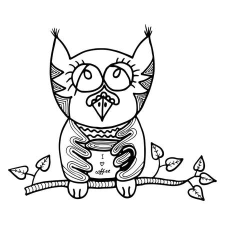 Cute owl sits on a branch with leaves and holds a coffee in wings. Picture for adult coloring book page designのイラスト素材