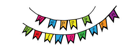 Festive garland with inscription Happy Halloween. Festive garland with inscription Yappy Halloween. For banners, labels, badges, prints, posters, web. Vector illustration.のイラスト素材