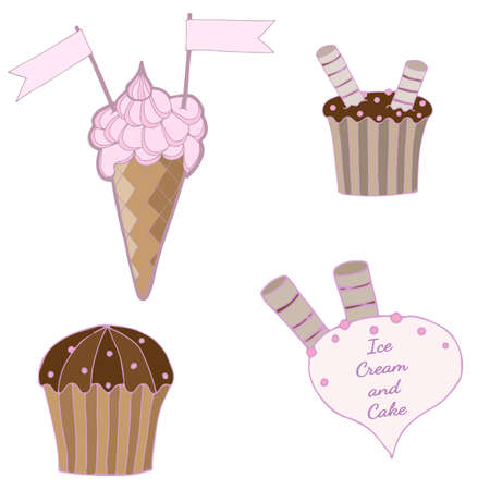 Set with ice cream and cake of stickers, pins, patches in cartoon. Vector illustration isolated on white background.のイラスト素材