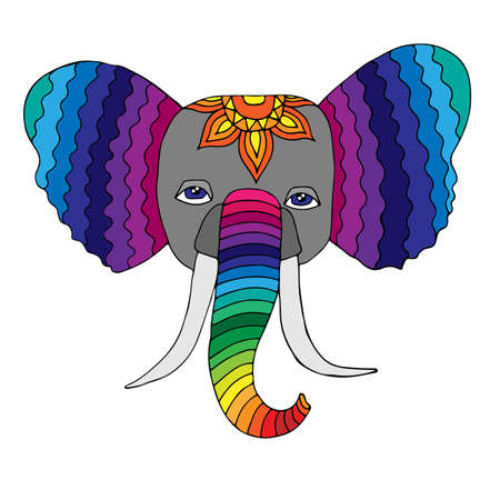 Rainbow color head of elephant in the abstract ornament for doodle coloring page. Vector illustration isolated on white background.のイラスト素材