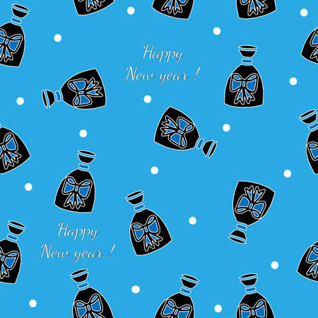 Winter gift seamless pattern with Happy new year text on the blue background. Vector pattern for banner, card, invitation, textile, fabric, wrapping paper.のイラスト素材