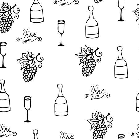 Wine seamless pattern. Bottle and glass with wine on a white background. Garden-stuffs and leaves of vine. For design the fabric, greeting card, wrapping paper.のイラスト素材