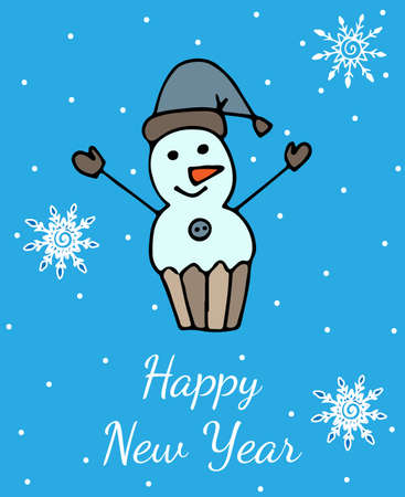 New Year greeting card or poster with snowman on blue background vector illustration.のイラスト素材