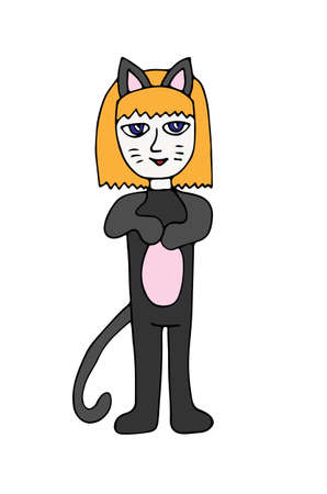 Colorful little girl on cat suit. Coloring book page for kids and adults.のイラスト素材