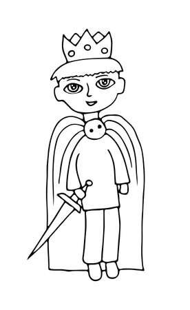 Little boy in suit of a prince with crone on the head standing over white background. Coloring book page for kids and adults.のイラスト素材