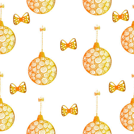 Seamless pattern with Christmas or New Year balls hanging on ribbon, white background. Can be used for printing on fabric, for wrapping paper and for the background of the site.のイラスト素材