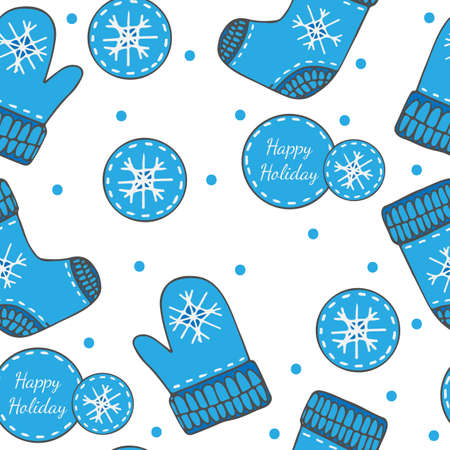 Winter seamless with sticker Happy Holiday, snowflake, mitten and socks. Can be used for printing on fabric, for wrapping paper and for the background of the site.のイラスト素材