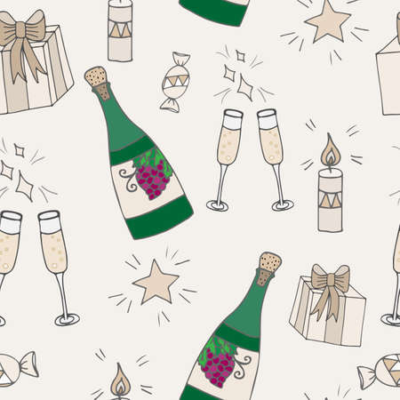 Vintage seamless with bottle of wine, gift with bow, glass and star on beige background. Can be used for printing on fabric, for wrapping paper and for the background of the site.のイラスト素材