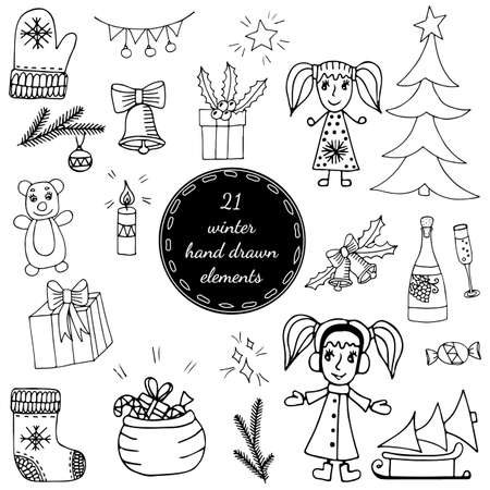 Big set black line winter elements with girl, Christmas tree, big gift and sack, bear and bell, bottle and glass, mitten and socks. Vector illustration for greeting card, invitation, posters, texture backgrounds, placards, banners.のイラスト素材