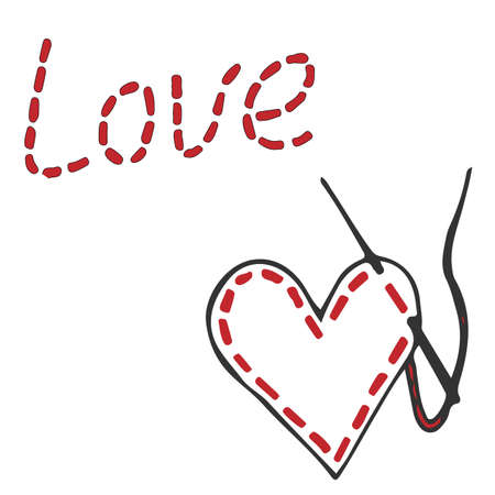 Embroidered inscription is love and heart with needle and thread. Vector illustration for Valentine day.のイラスト素材
