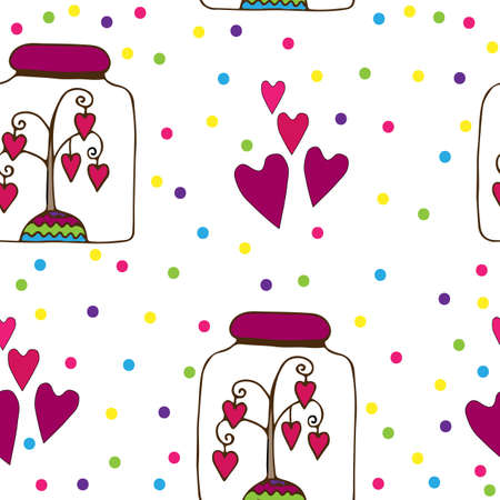 Seamless pattern with glass jar with a tree with hearts inwardly. Vector illustration.のイラスト素材
