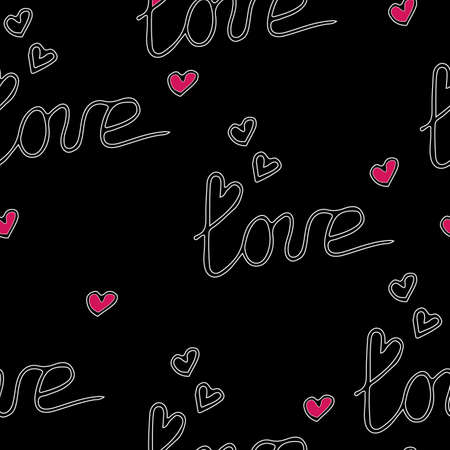 Seamless pattern on black with Love lettering isolated on the white background. Vector illustration for Valentines day.のイラスト素材