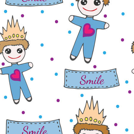 Seamless pattern with little prince toy on crone and with heart. Smile inscription on the lable.のイラスト素材