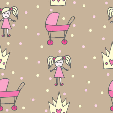 Seamless pattern with crone, pink carriage and doll on beige background. For textile or book covers, manufacturing, wallpapers, print, gift wrap and scrapbooking.のイラスト素材