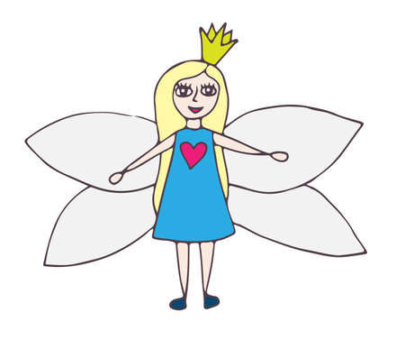 Fairy in blue dress with a pink heart with the exposed wings. Isolated vector illustration.のイラスト素材