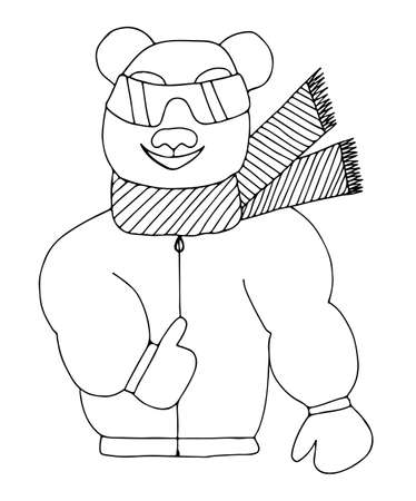 Panda is sun glasses in a winter jacket and scarf. Mono color black line art element for adult coloring book page design.のイラスト素材