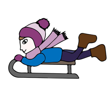 Colorful little boy on sledges. Art element for adult coloring book page design or print on clothes.のイラスト素材