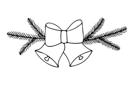 Christmas bells with ribbon and fir branches. Mono color black line art element for adult coloring book page design.のイラスト素材