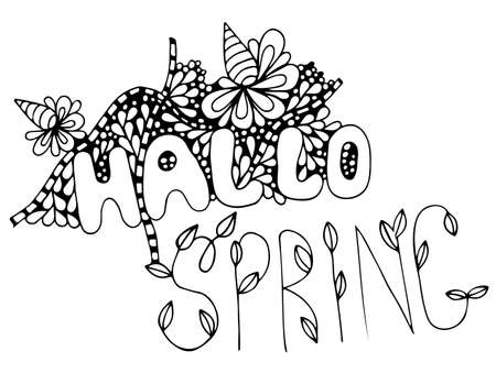 Spring lettering design elements. Hallo spring inscription with flowers art hand drawn text design.のイラスト素材