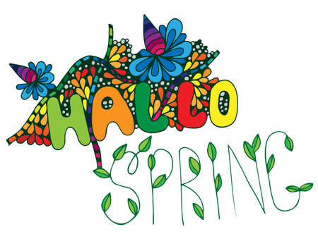 Spring colorful lettering design elements. Hallo spring inscription with flowers art hand drawn text design.のイラスト素材