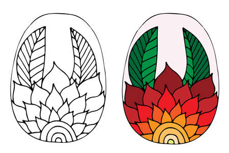 Hand drawn Easter egg with red flower for coloring book for adult and design elements. Can be used for card, invitation, posters, texture backgrounds, placards, banners.のイラスト素材