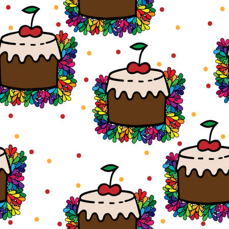 Seamless pattern with colorful cake in ornate frame. Can be used for printing on fabric, for...