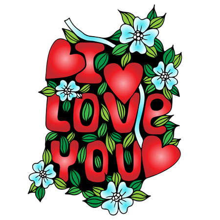 I love you colorful lettering with big red heart and blue flower. Can be used for print of clothes, card, invitation, posters, placards, banners.のイラスト素材
