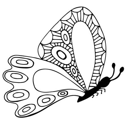 Abstract black line isolated butterfly for tattoo, coloring book. Can be used for card, invitation, posters, placards, banners.のイラスト素材