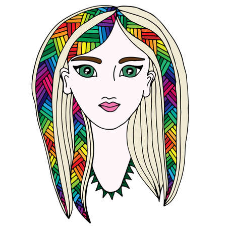 Colorful portrait of a beautiful girl with long hair with abstract pattern. Beautiful woman for coloring book design.のイラスト素材