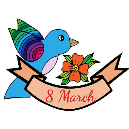 8 March greeting card with bird and flower and with ribbon on the white background.のイラスト素材