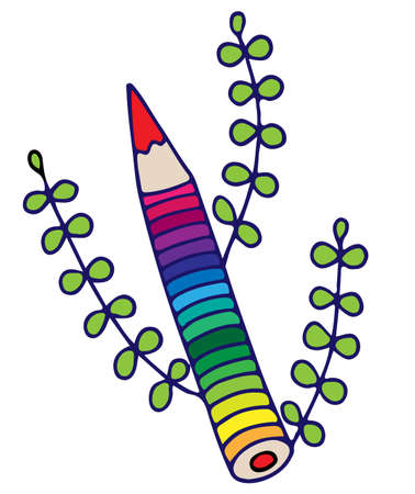 Vector colorful pencil with leaves isolated on the white background. Can be used for print of clothes, card, invitation, posters, placards, banners, printable.のイラスト素材