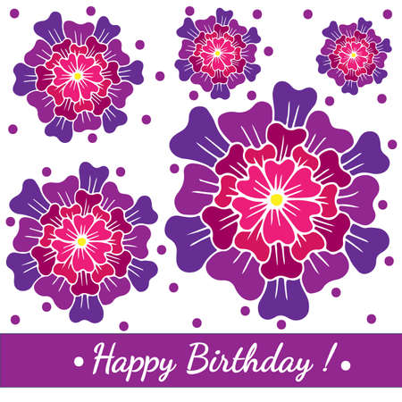 Happy Birthday template greeting card with big pink flower and violet dots. Vector Birthday card printable for card, invitation, posters, texture backgrounds, placards, banners.のイラスト素材