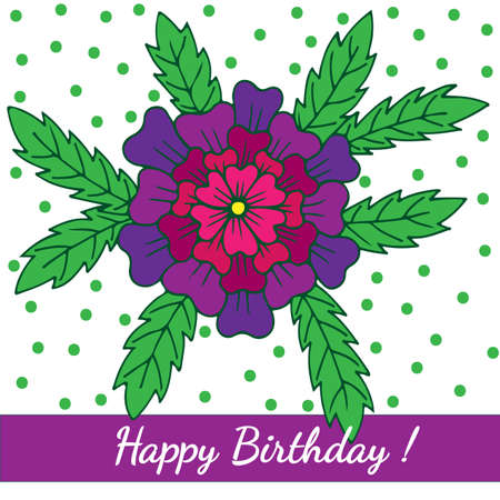 Happy Birthday template greeting card with big violet flower. Vector Birthday card printable for card, invitation, posters, texture backgrounds, placards, banners.のイラスト素材