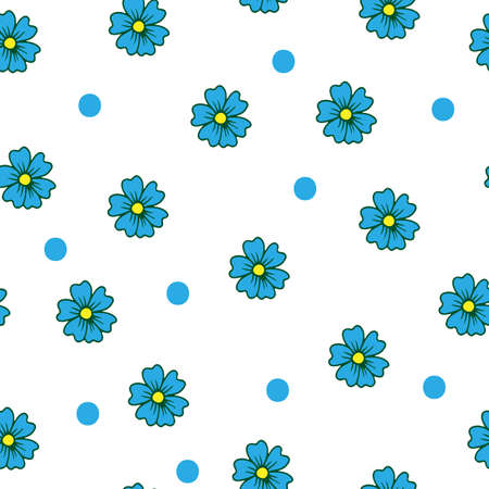 Vector simple seamless floral pattern with little blue flower and circle dot. Fancy flower background for printing on fabric, cover, paper for scrapbook, gift wrap and wallpapers.のイラスト素材