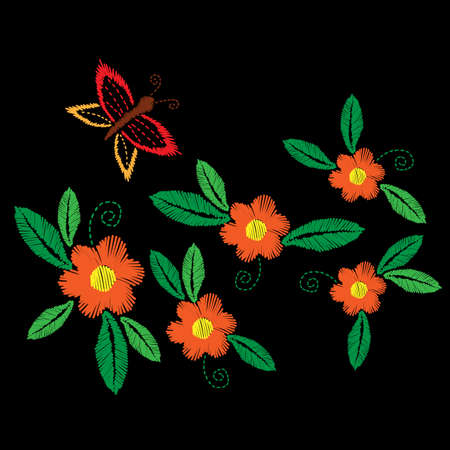 Embroidery with butterfly and orange flower with green leaf. Vector embroidery pattern on the black background for printing on fabric and other decoration.のイラスト素材