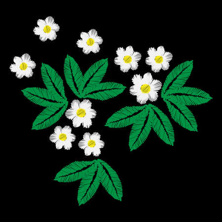 Embroidery with little white flower and green leaf. Vector embroidery pattern on the black background for printing on fabric, napkin and other decoration.のイラスト素材