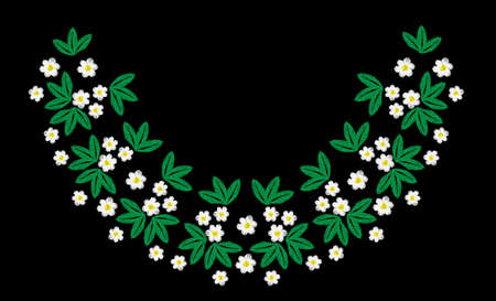 Embroidery with white flower with green leaf. Vector embroidery pattern on the black background for printing on fabric, napkin and other decoration.のイラスト素材