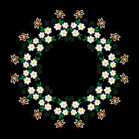Bee and flower with leaf frames embroidery stitches imitation on the black background. Vector embroidery wreath for card, invitation, posters, texture backgrounds, placards, banners.のイラスト素材