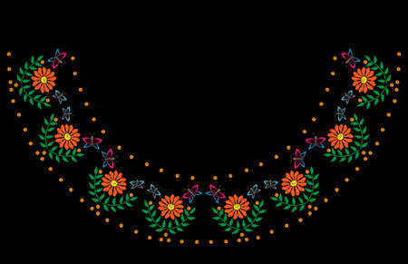 Embroidery stitches imitation frame with orange flower and butterfly. Folk embroidery pattern on the black background for printing on fabric, napkin and other decoration.のイラスト素材