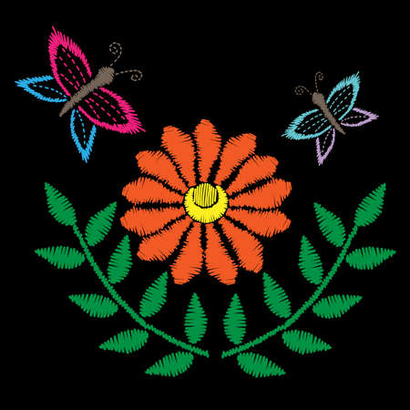 Embroidery stitches imitation with butterfly and orange flower with green leaf. Embroidery pattern on the black background for printing on fabric and other decoration.のイラスト素材