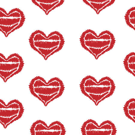 Seamless pattern with isolated red heart embroidery stitches imitation. Embroidery vector background for printing on fabric, paper for scrapbook, gift wrap and wallpapers.のイラスト素材