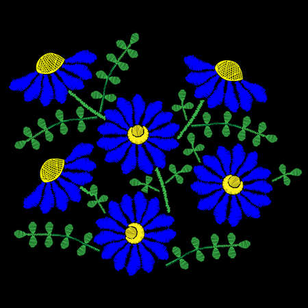 Embroidery stitches imitation with blue flower and green leaf. Vector embroidery floral folk pattern on the black background for printing on fabric and other decoration.のイラスト素材