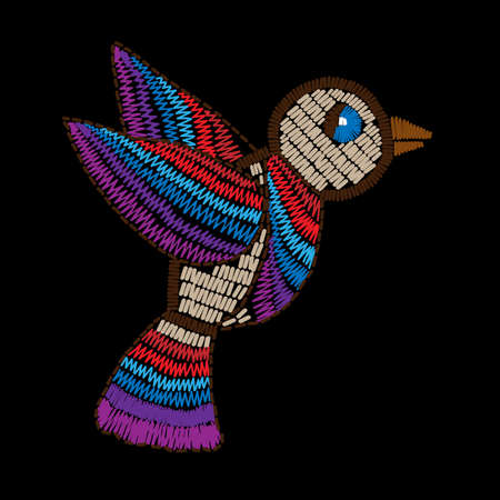 Bird embroidery stitches imitation on the black background. Vector colorful bird for card, print and design.のイラスト素材