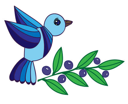 Illustration blue bird with leaf and berry.のイラスト素材