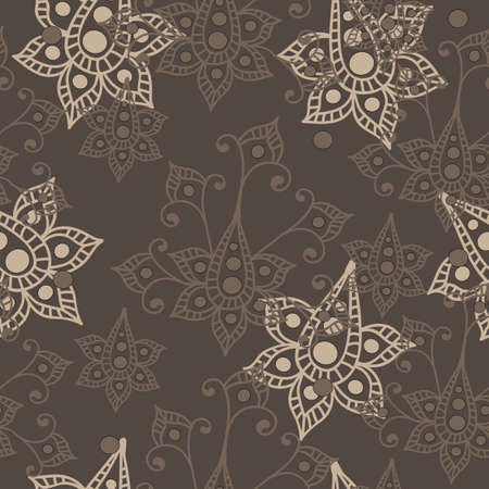 Beige color floral seamless pattern. Flourish oriental ethnic background. Arabic ornament with color line flowers and dot. Vector fancy motives of stylish vintage fabric patterns.のイラスト素材