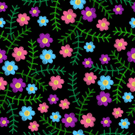 Seamless pattern with colorful flower and green leaf embroidery stitches imitation. Vector embroidery background for printing on fabric, paper for scrapbook, gift wrap and wallpapers.のイラスト素材